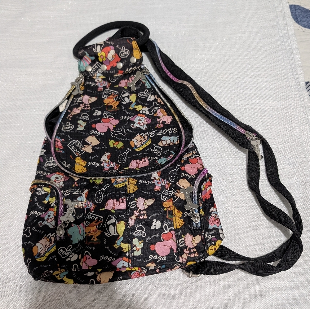 Unique "Puppy Love" By Candice Of Los Angeles Sling Backpack Bone‎ Zipper Pulls